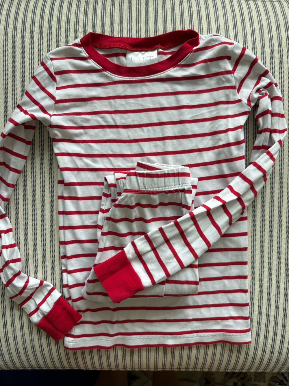 Lake Pajamas Kids Red and White Striped Crewneck with long pants size 8